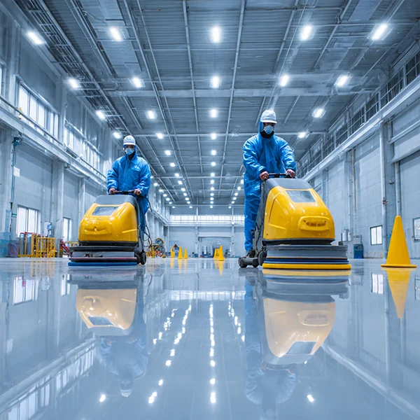 Cleaners using floor scrubbers in a warehouse