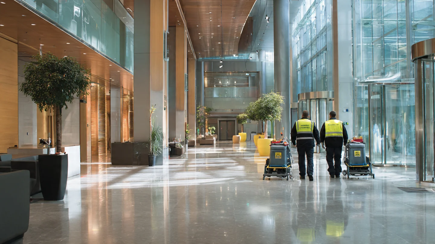 Cleaning team in a hotel-style building foyer