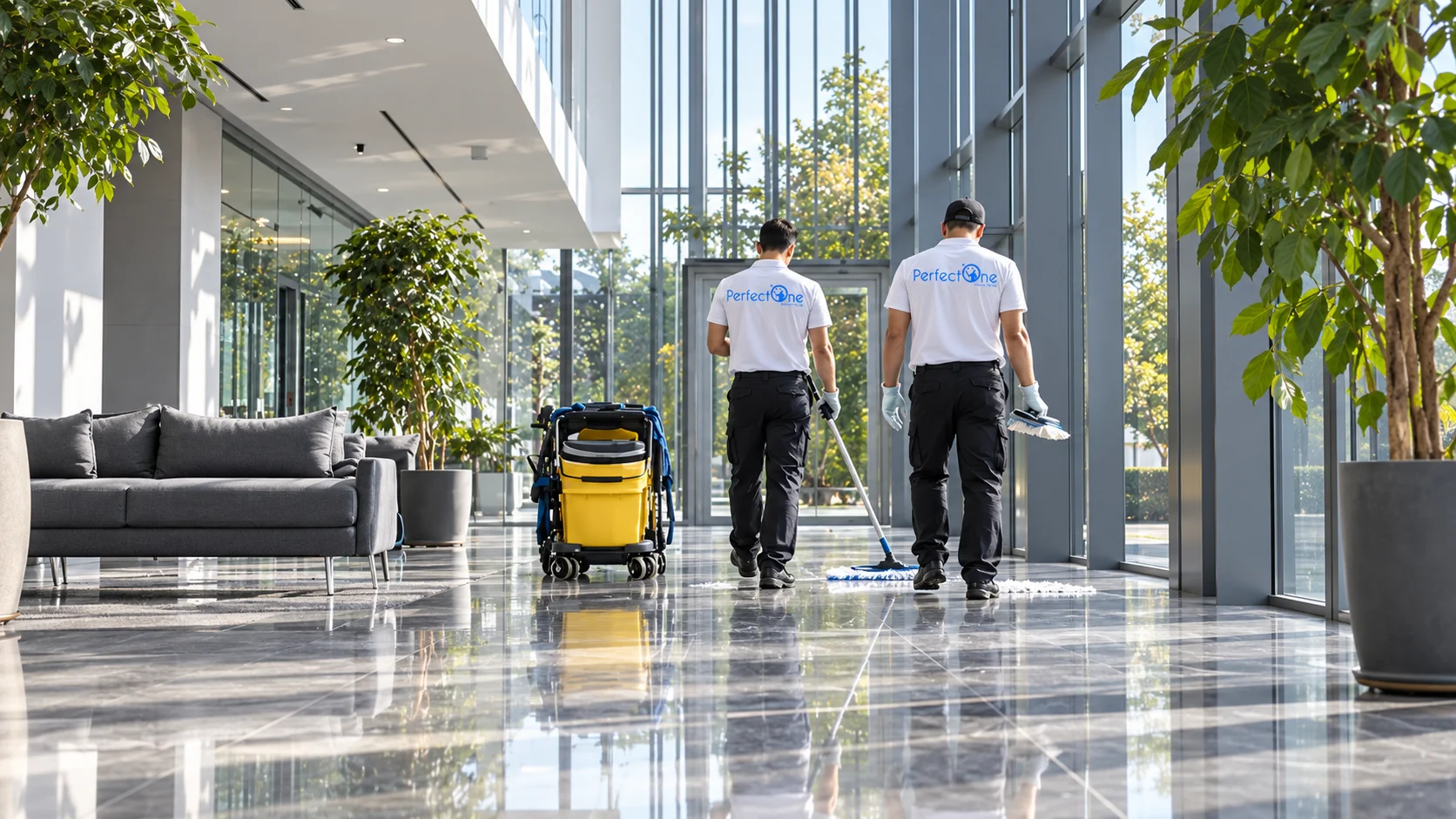 Supervisor and cleaner checking a building lobby