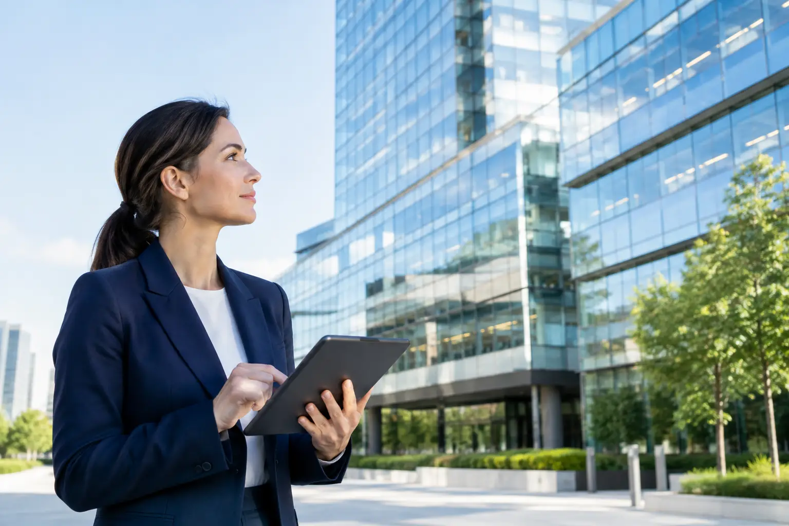 Perfect One account manager assessing a commercial building with a tablet
